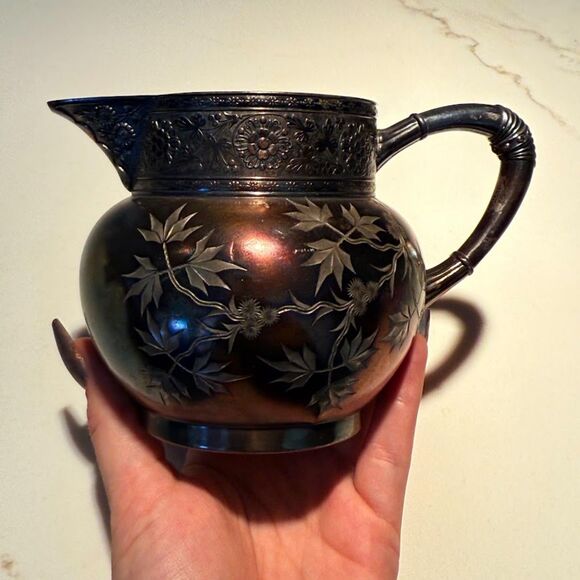 Antique James W Tufts Boston Quadruple Silver Plate Floral Engraved Creamer 1940 - Picture 11 of 15